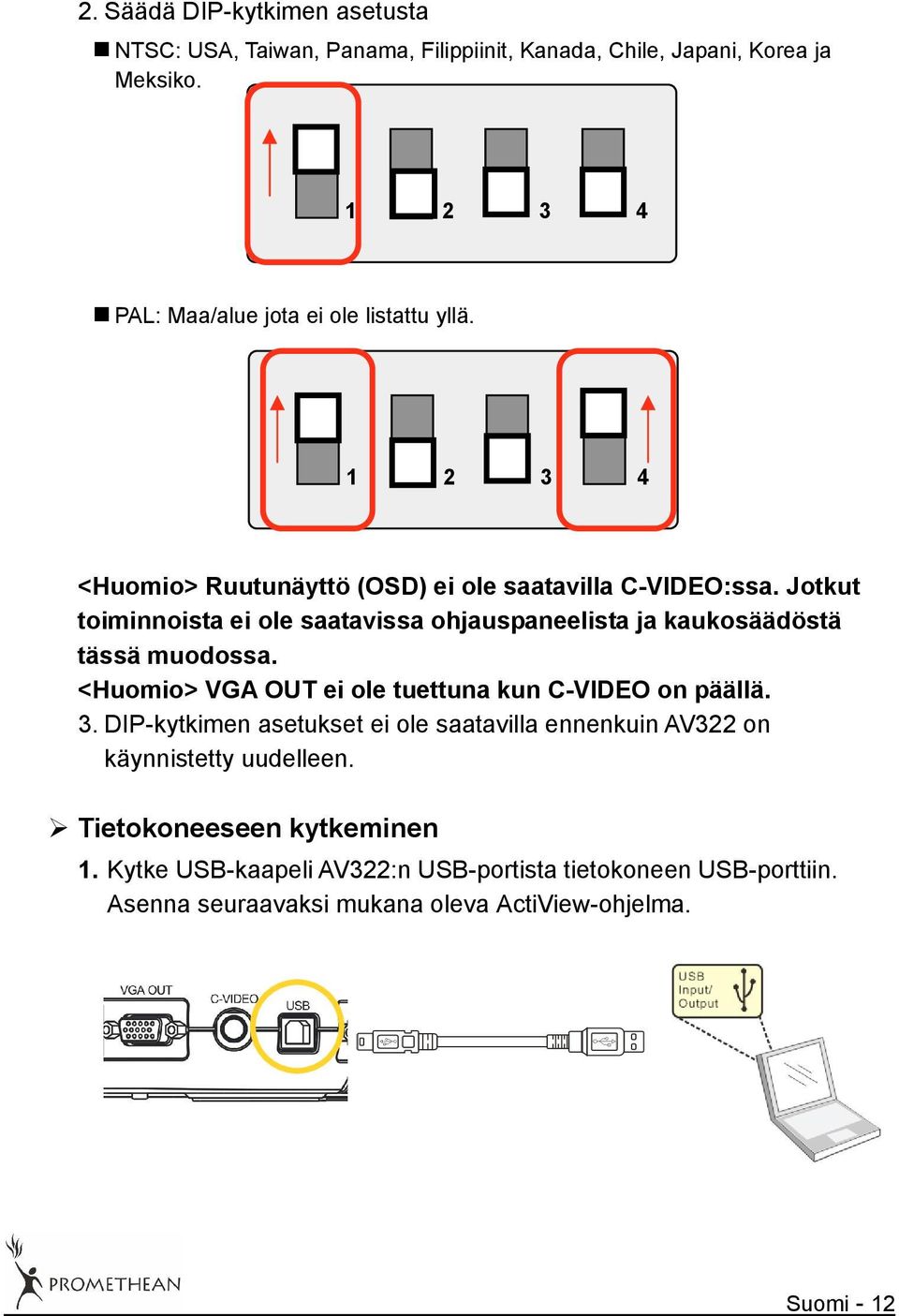 Jotkut toiminnoista ei ole saatavissa ohjauspaneelista ja kaukosäädöstä tässä muodossa. <Huomio> VGA OUT ei ole tuettuna kun C-VIDEO on päällä. 3.