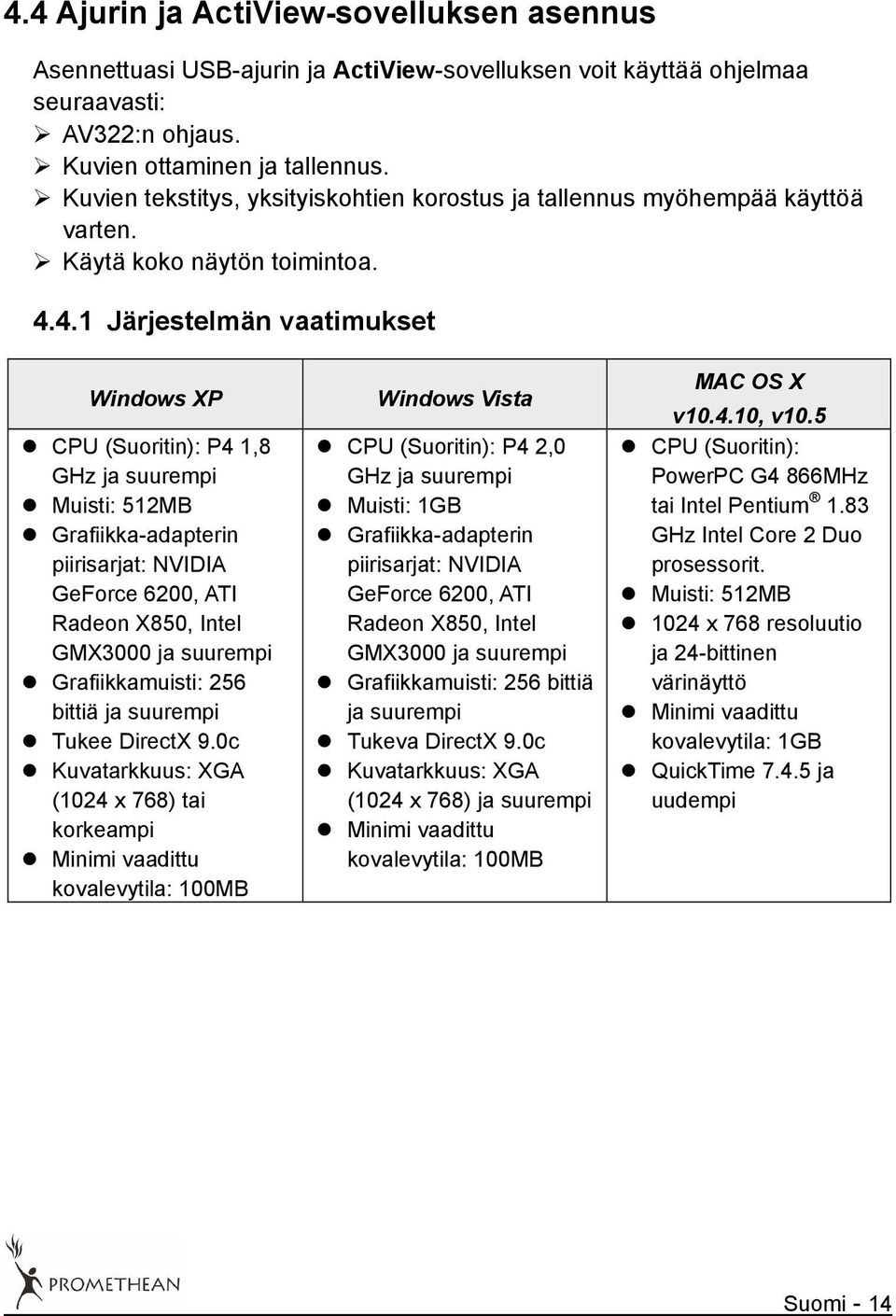 4.1 Järjestelmän vaatimukset Windows XP CPU (Suoritin): P4 1,8 GHz ja suurempi Muisti: 512MB Grafiikka-adapterin piirisarjat: NVIDIA GeForce 6200, ATI Radeon X850, Intel GMX3000 ja suurempi