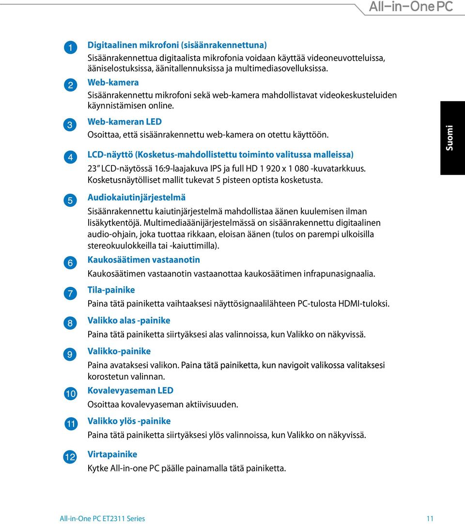 LCD-näyttö (Kosketus-mahdollistettu toiminto valitussa malleissa) 23 LCD-näytössä 16:9-laajakuva IPS ja full HD 1 920 x 1 080 -kuvatarkkuus.