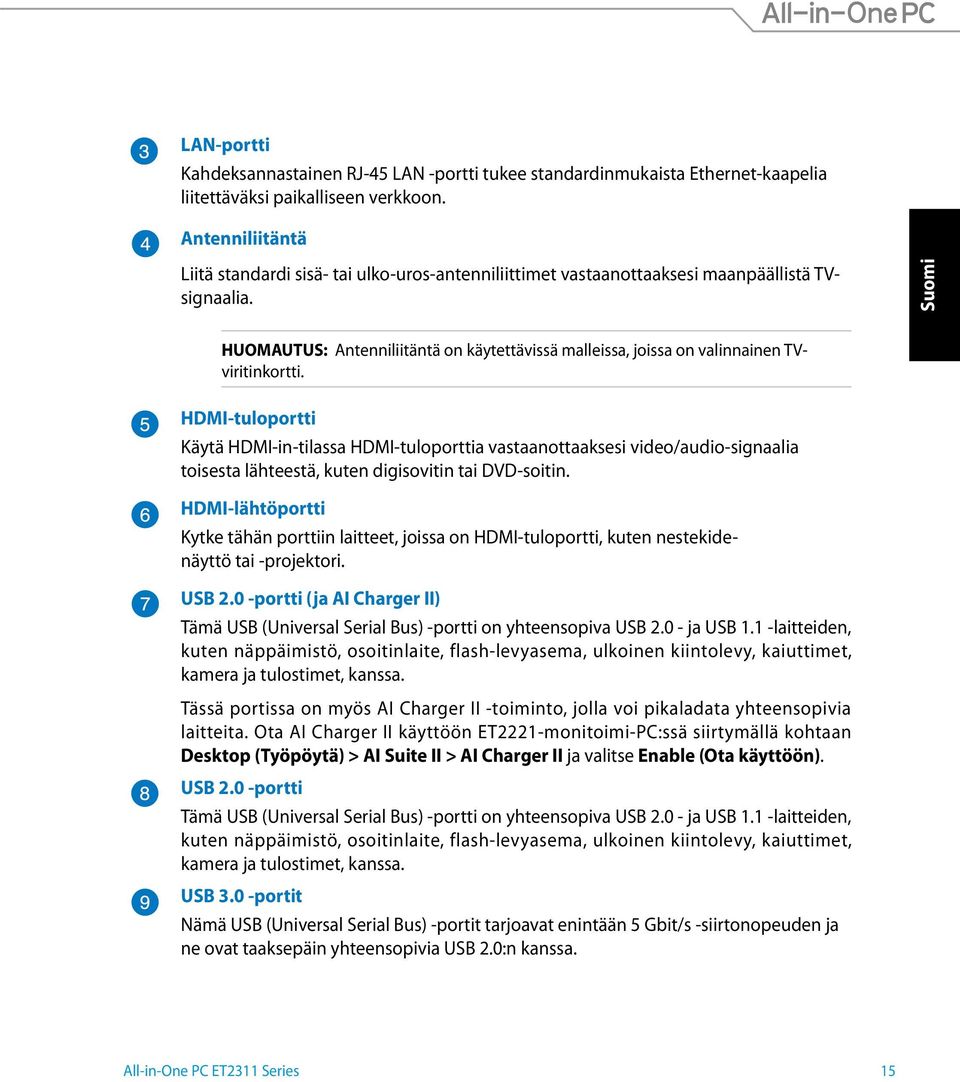 HUOMAUTUS: Antenniliitäntä on käytettävissä malleissa, joissa on valinnainen TVviritinkortti.