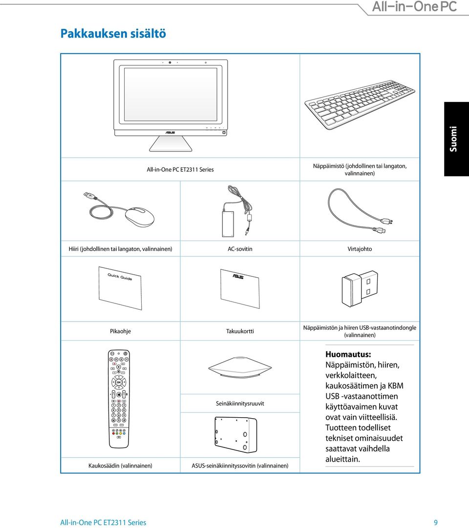 8 3 6 9 0 # Kaukosäädin (valinnainen) Seinäkiinnitysruuvit ASUS-seinäkiinnityssovitin (valinnainen) Huomautus: Näppäimistön, hiiren, verkkolaitteen, kaukosäätimen ja