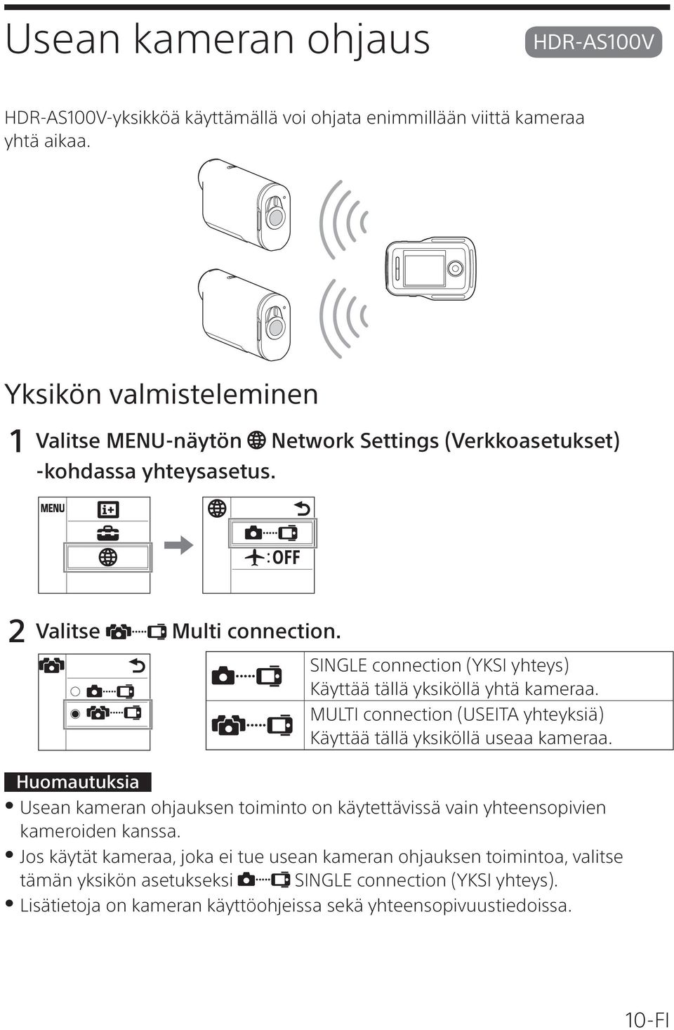 SINGLE connection (YKSI yhteys) Käyttää tällä yksiköllä yhtä kameraa. MULTI connection (USEITA yhteyksiä) Käyttää tällä yksiköllä useaa kameraa.