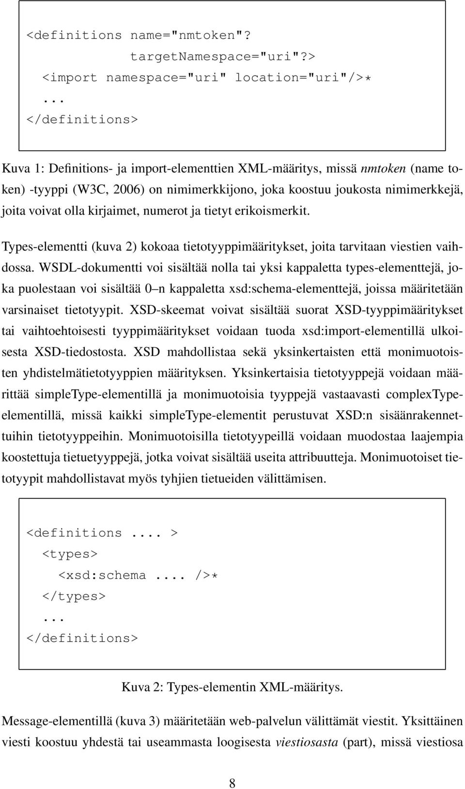 kirjaimet, numerot ja tietyt erikoismerkit. Types-elementti (kuva 2) kokoaa tietotyyppimääritykset, joita tarvitaan viestien vaihdossa.