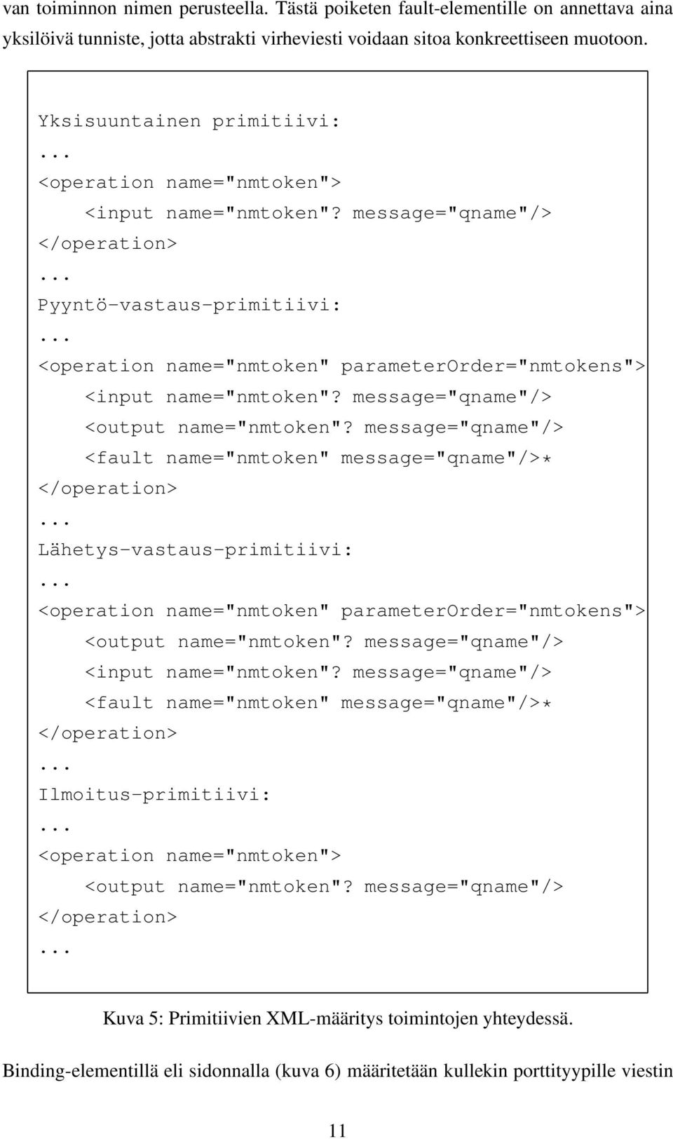 message="qname"/> <output name="nmtoken"? message="qname"/> <fault name="nmtoken" message="qname"/>* </operation>... Lähetys-vastaus-primitiivi:.