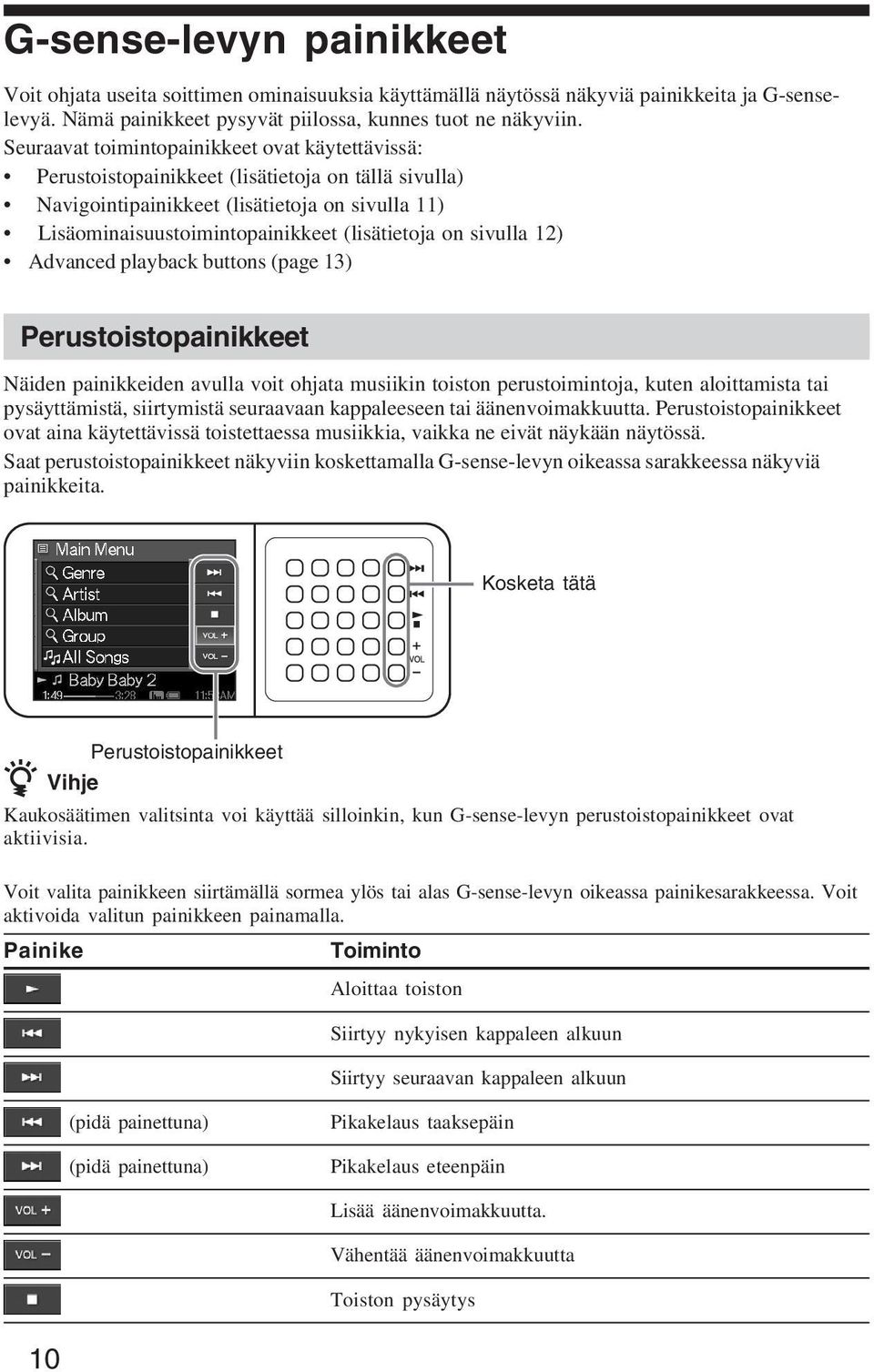 sivulla 12) Advanced playback buttons (page 13) Perustoistopainikkeet Näiden painikkeiden avulla voit ohjata musiikin toiston perustoimintoja, kuten aloittamista tai pysäyttämistä, siirtymistä