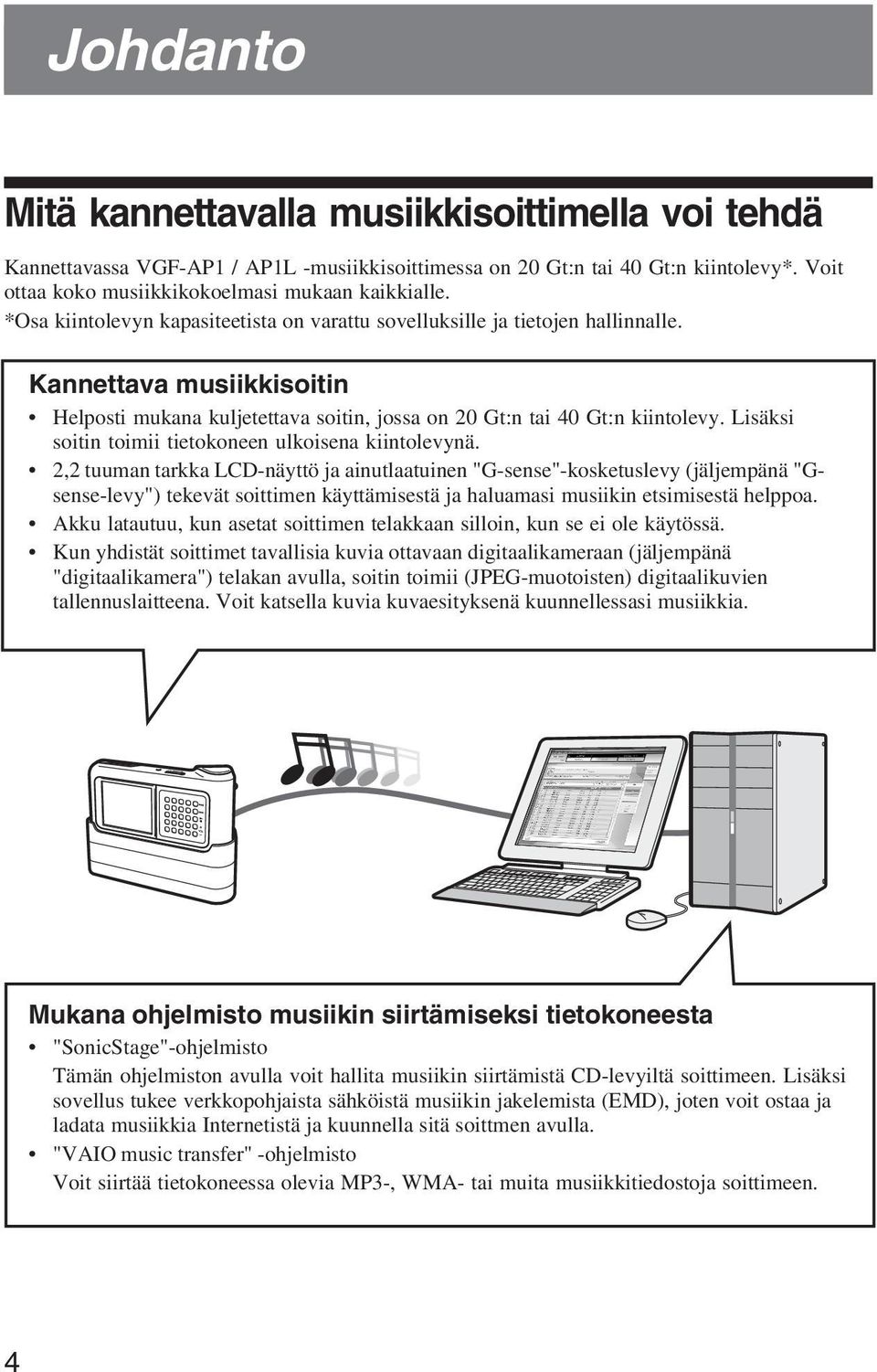 Lisäksi soitin toimii tietokoneen ulkoisena kiintolevynä.