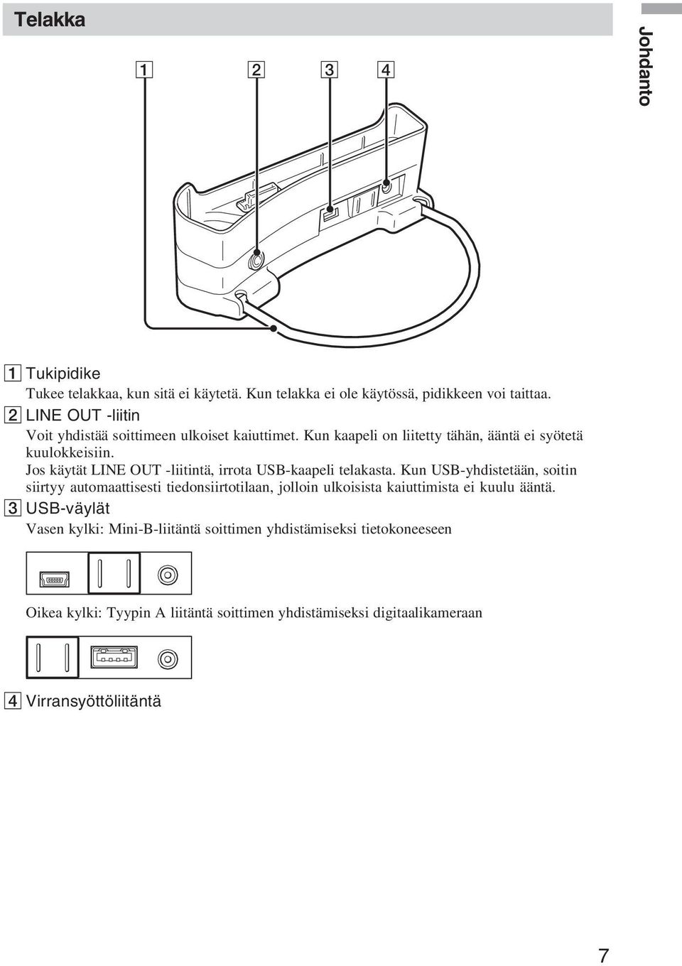 Jos käytät LINE OUT -liitintä, irrota USB-kaapeli telakasta.