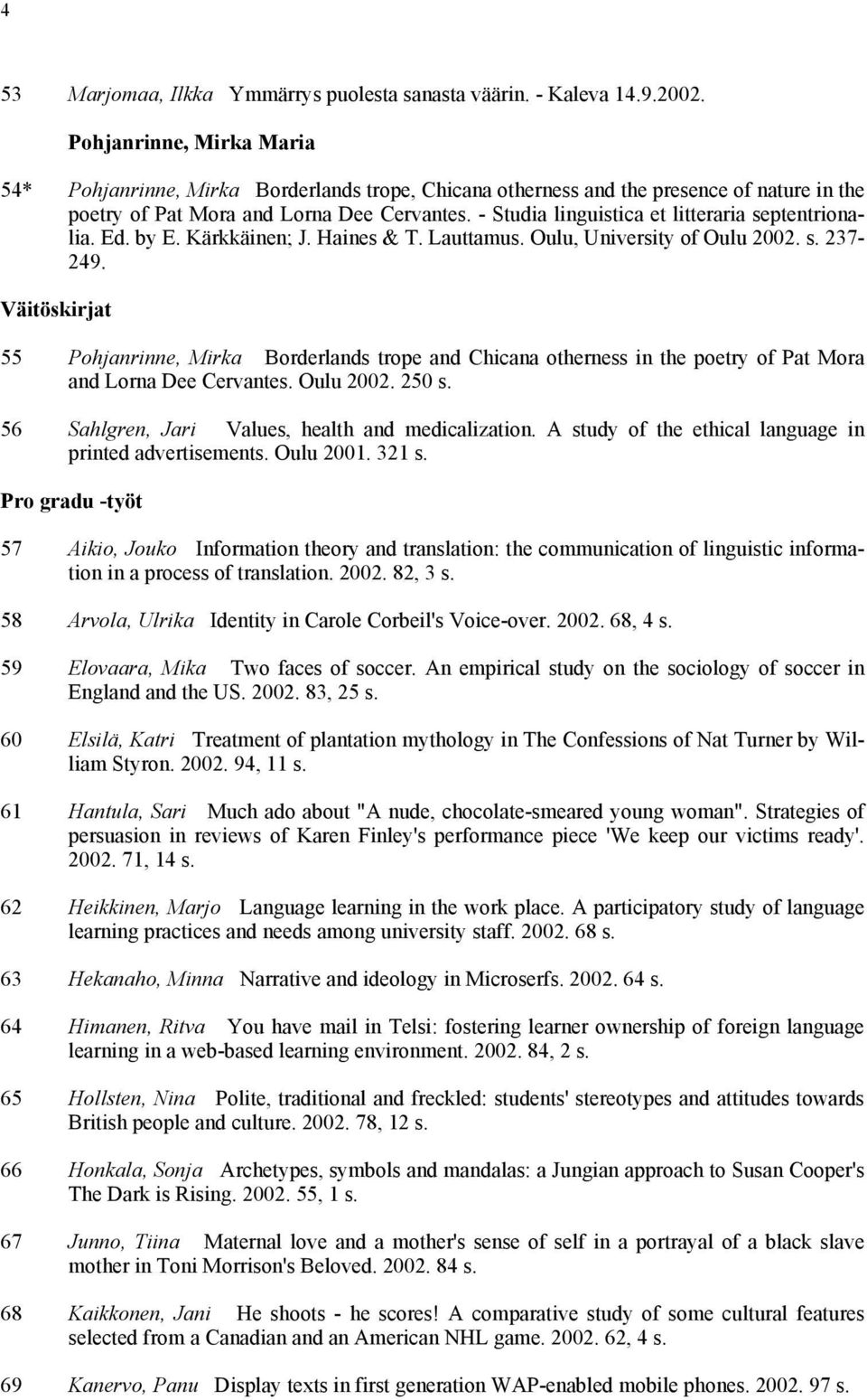 - Studia linguistica et litteraria septentrionalia. Ed. by E. Kärkkäinen; J. Haines & T. Lauttamus. Oulu, University of Oulu 2002. s. 237-249.