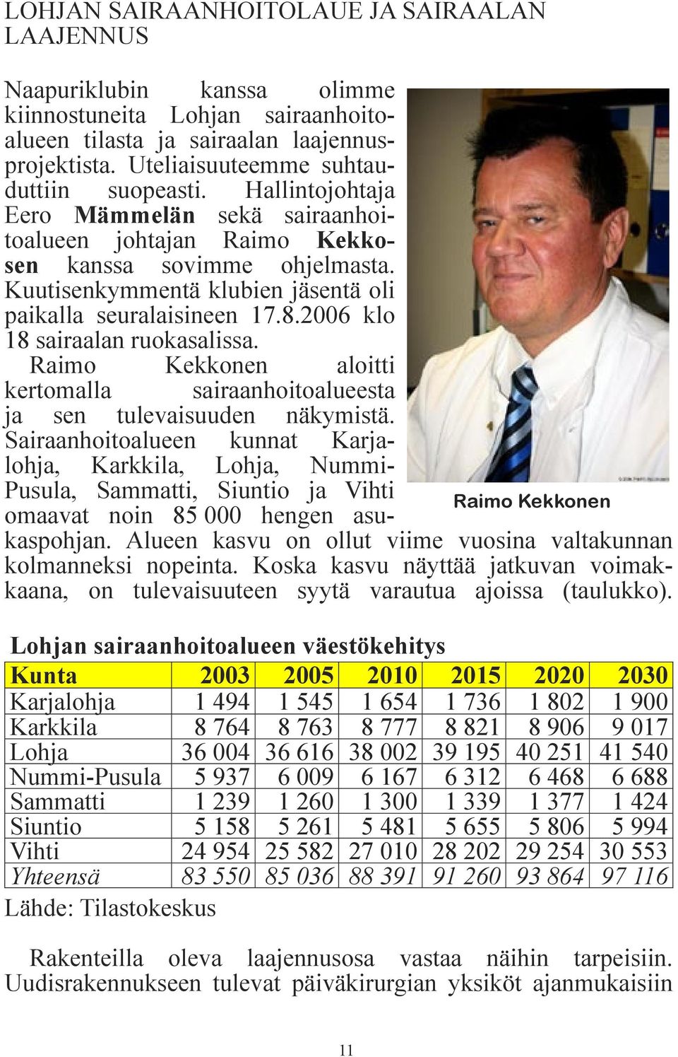2006 klo 18 sairaalan ruokasalissa. Raimo Kekkonen aloitti Raimo Kekkonen kertomalla sairaanhoitoalueesta ja sen tulevaisuuden näkymistä.