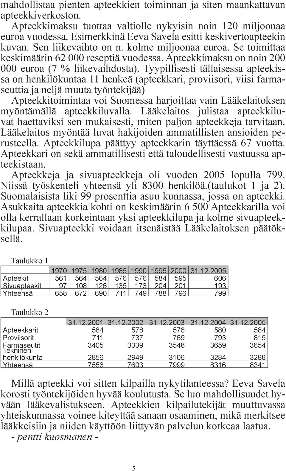 Apteekkimaksu on noin 200 000 euroa (7 % liikevaihdosta).