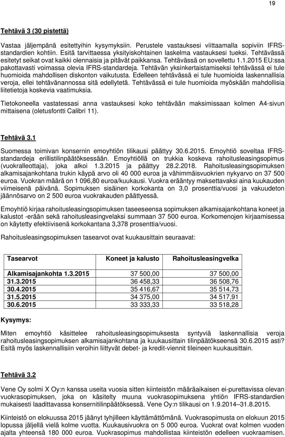 1.2015 EU:ssa pakottavasti voimassa olevia IFRS-standardeja. Tehtävän yksinkertaistamiseksi tehtävässä ei tule huomioida mahdollisen diskonton vaikutusta.