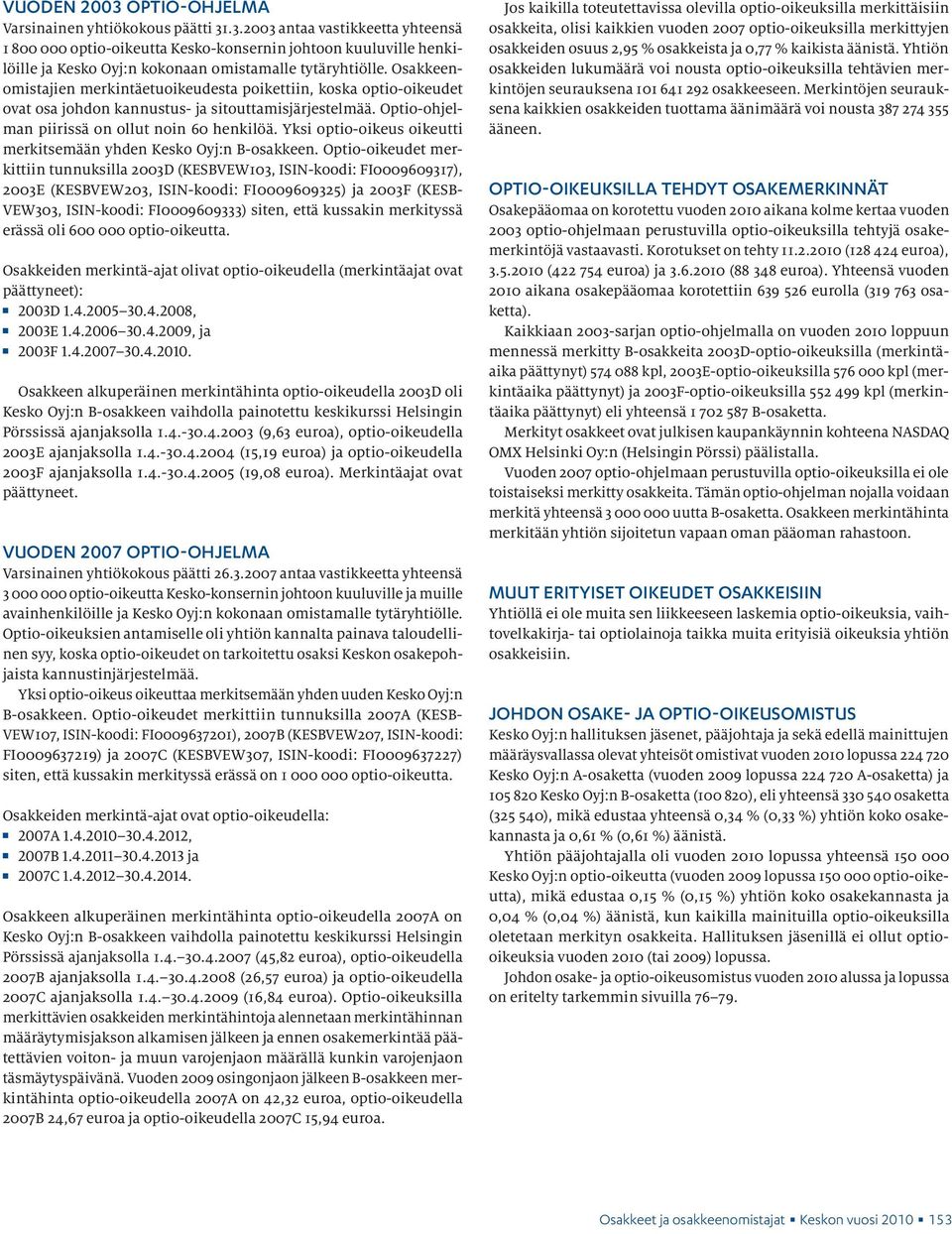 Yksi optio-oikeus oikeutti merkitsemään yhden Kesko Oyj:n B-osakkeen.