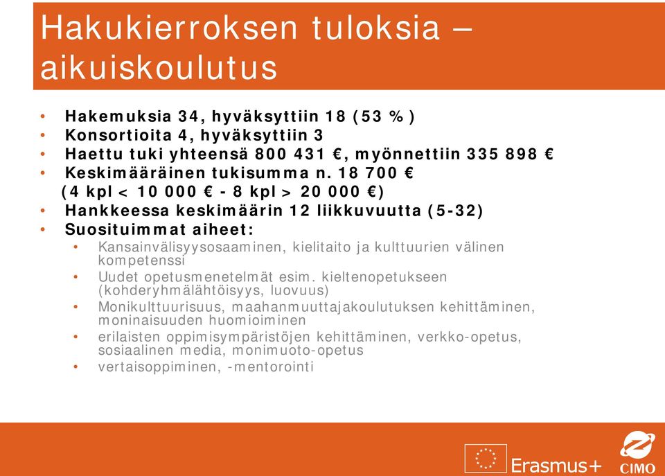 18 700 (4 kpl < 10 000-8 kpl > 20 000 ) Hankkeessa keskimäärin 12 liikkuvuutta (5-32) Suosituimmat aiheet: Kansainvälisyysosaaminen, kielitaito ja kulttuurien