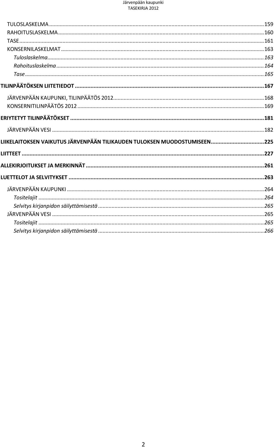 .. 181 JÄRVENPÄÄN VESI... 182 LIIKELAITOKSEN VAIKUTUS JÄRVENPÄÄN TILIKAUDEN TULOKSEN MUODOSTUMISEEN... 225 LIITTEET... 227 ALLEKIRJOITUKSET JA MERKINNÄT.