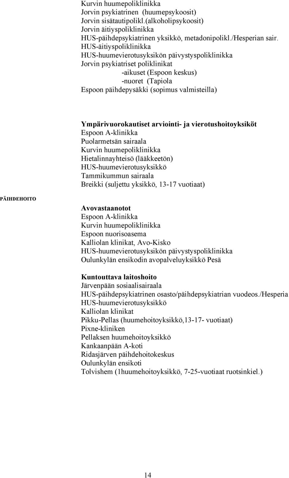 Ympärivuorokautiset arviointi- ja vierotushoitoyksiköt Espoon A-klinikka Puolarmetsän sairaala Kurvin huumepoliklinikka Hietalinnayhteisö (lääkkeetön) HUS-huumevierotusyksikkö Tammikummun sairaala