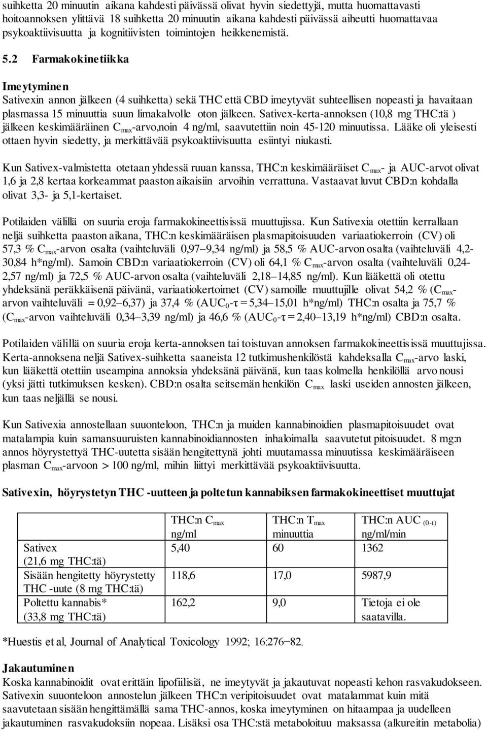 2 Farmakokinetiikka Imeytyminen Sativexin annon jälkeen (4 suihketta) sekä THC että CBD imeytyvät suhteellisen nopeasti ja havaitaan plasmassa 15 minuuttia suun limakalvolle oton jälkeen.