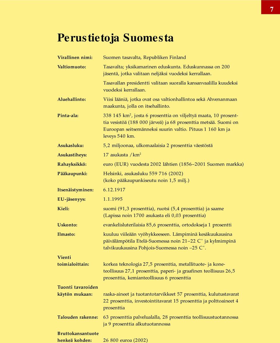 Pinta-ala: 338 145 km 2, josta 6 prosenttia on viljeltyä maata, 10 prosenttia vesistöä (188 000 järveä) ja 68 prosenttia metsää. Suomi on Euroopan seitsemänneksi suurin valtio.