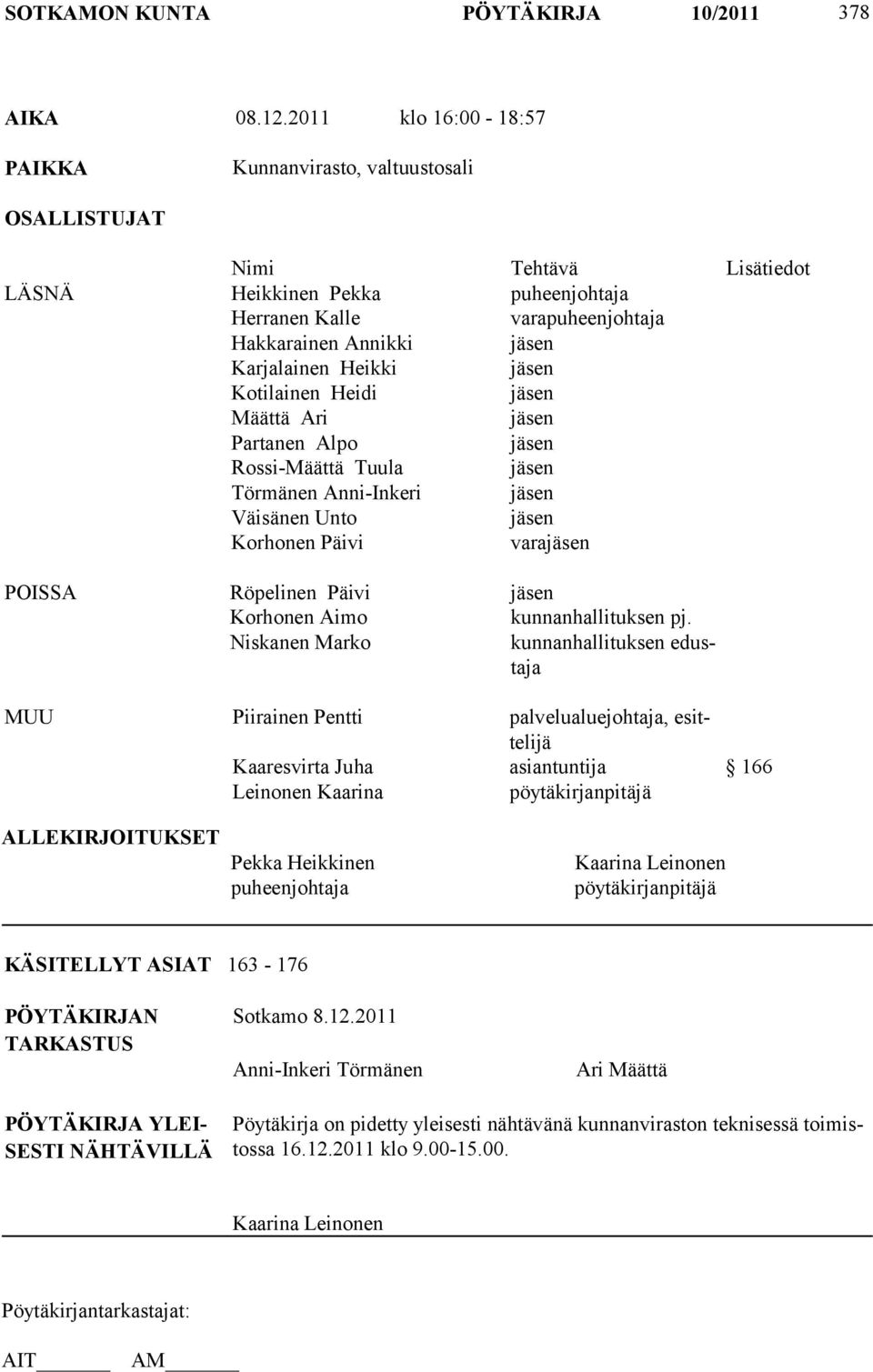 Karjalainen Heikki jäsen Kotilainen Heidi jäsen Määttä Ari jäsen Partanen Alpo jäsen Rossi-Määttä Tuula jäsen Törmänen Anni-Inkeri jäsen Väisänen Unto jäsen Korhonen Päivi varajäsen POISSA Röpelinen