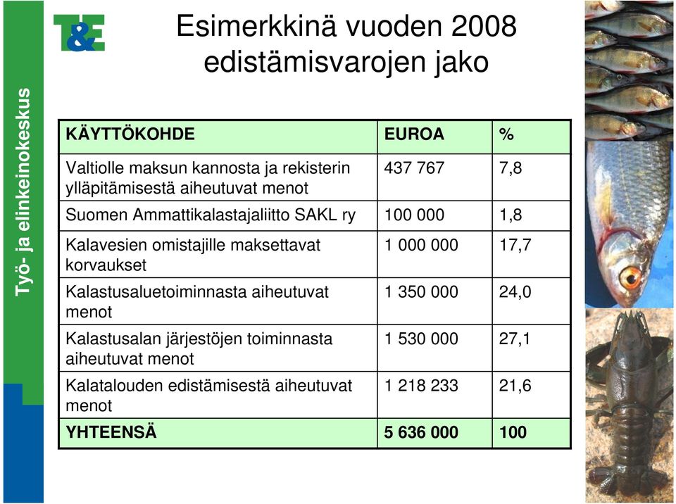 omistajille maksettavat korvaukset Kalastusaluetoiminnasta aiheutuvat menot Kalastusalan järjestöjen toiminnasta