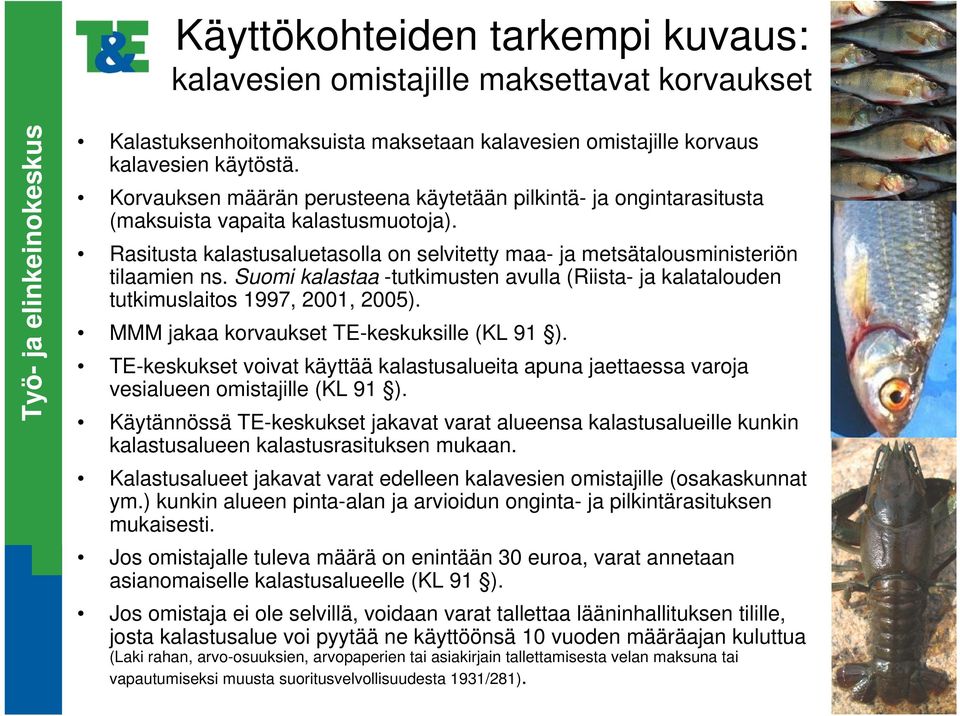 Suomi kalastaa -tutkimusten avulla (Riista- ja kalatalouden tutkimuslaitos 1997, 2001, 2005). MMM jakaa korvaukset TE-keskuksille (KL 91 ).