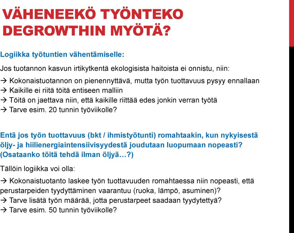 riitä töitä entiseen malliin Töitä on jaettava niin, että kaikille riittää edes jonkin verran työtä Tarve esim. 20 tunnin työviikolle?