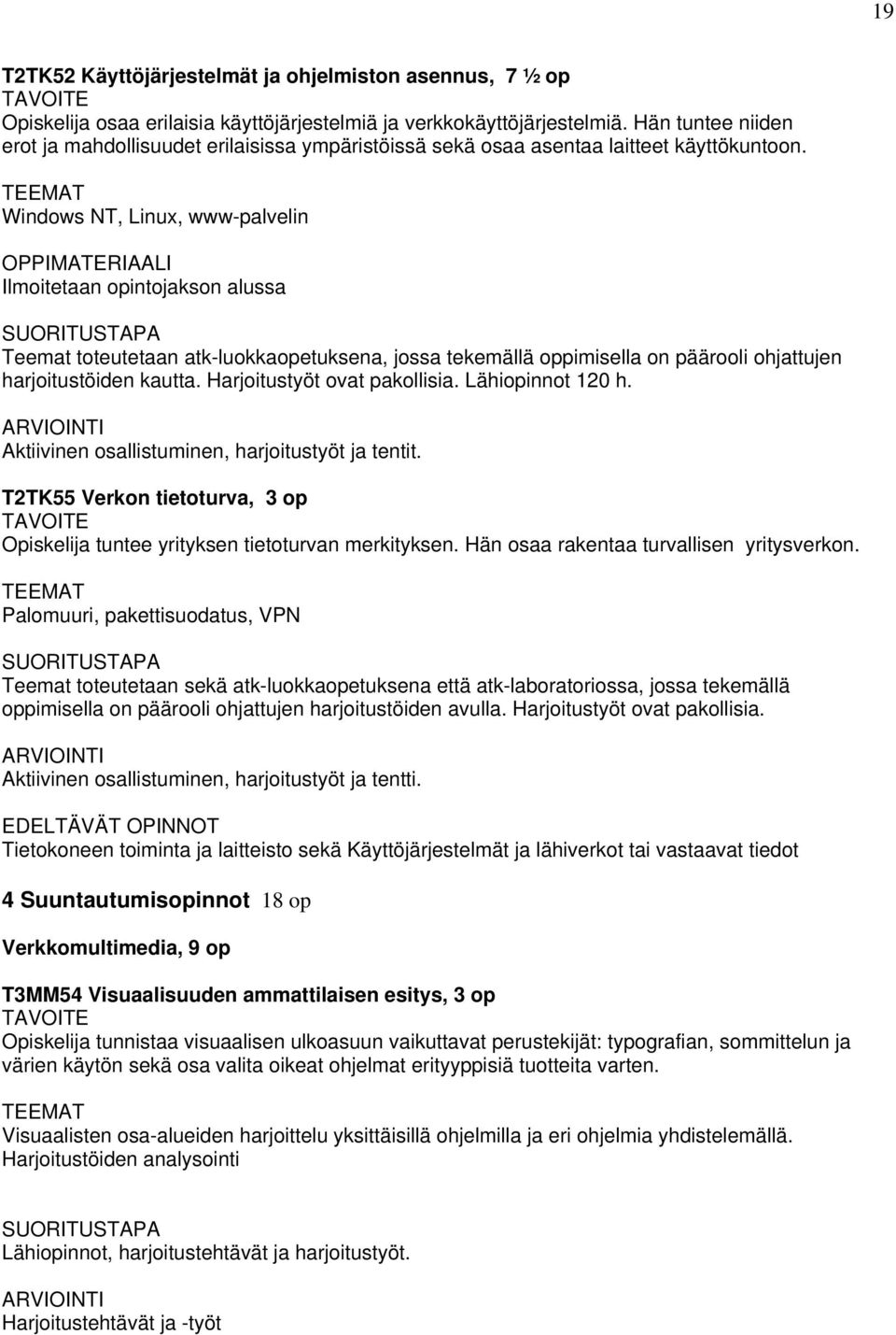 Windows NT, Linux, www-palvelin Teemat toteutetaan atk-luokkaopetuksena, jossa tekemällä oppimisella on päärooli ohjattujen harjoitustöiden kautta. Harjoitustyöt ovat pakollisia. Lähiopinnot 120 h.