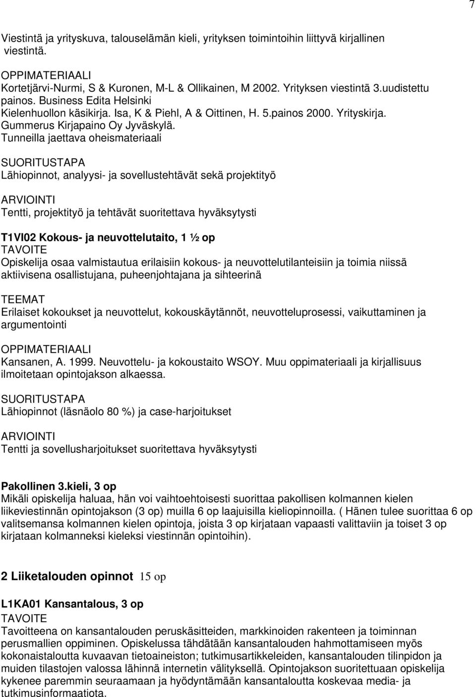 Tunneilla jaettava oheismateriaali Lähiopinnot, analyysi- ja sovellustehtävät sekä projektityö Tentti, projektityö ja tehtävät suoritettava hyväksytysti T1VI02 Kokous- ja neuvottelutaito, 1 ½ op