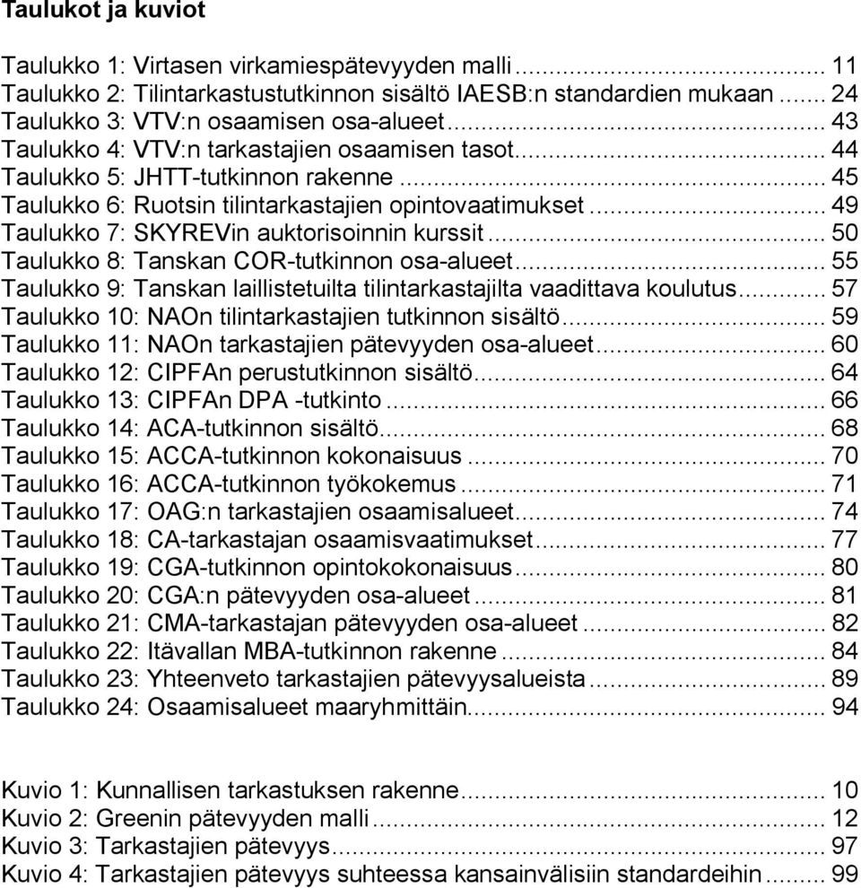 .. 49 Taulukko 7: SKYREVin auktorisoinnin kurssit... 50 Taulukko 8: Tanskan COR-tutkinnon osa-alueet... 55 Taulukko 9: Tanskan laillistetuilta tilintarkastajilta vaadittava koulutus.