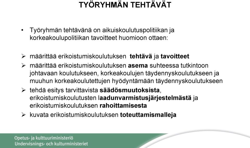 korkeakoulujen täydennyskoulutukseen ja muuhun korkeakoulutettujen hyödyntämään täydennyskoulutukseen tehdä esitys tarvittavista