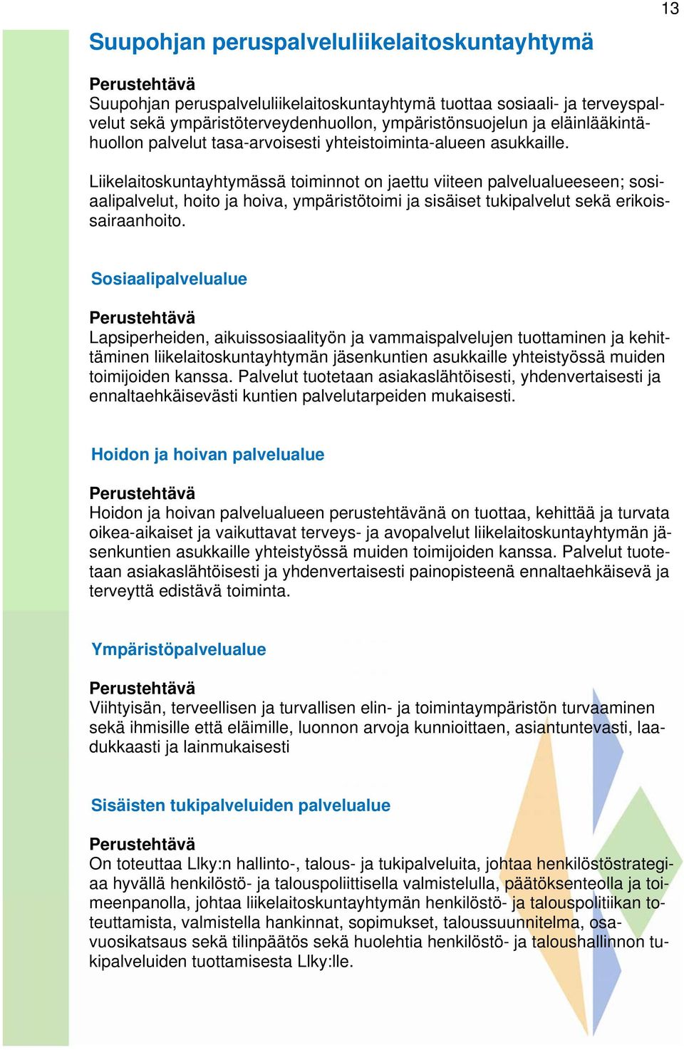 Liikelaitoskuntayhtymässä toiminnot on jaettu viiteen palvelualueeseen; sosiaalipalvelut, hoito ja hoiva, ympäristötoimi ja sisäiset tukipalvelut sekä erikoissairaanhoito.