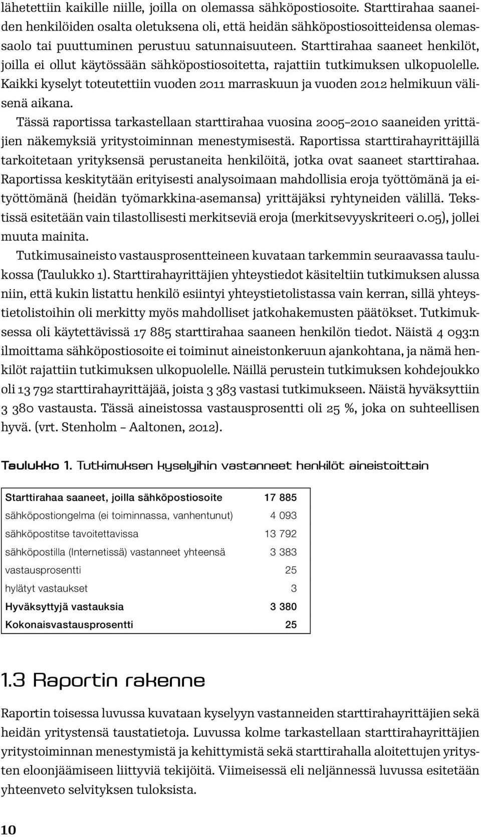 Starttirahaa saaneet henkilöt, joilla ei ollut käytössään sähköpostiosoitetta, rajattiin tutkimuksen ulkopuolelle.