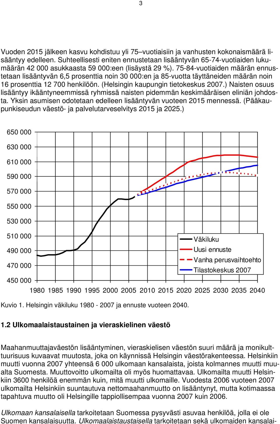 75-84-vuotiaiden määrän ennustetaan lisääntyvän 6,5 prosenttia noin 30 000:en ja 85-vuotta täyttäneiden määrän noin 16 prosenttia 12 700 henkilöön. (Helsingin kaupungin tietokeskus 2007.