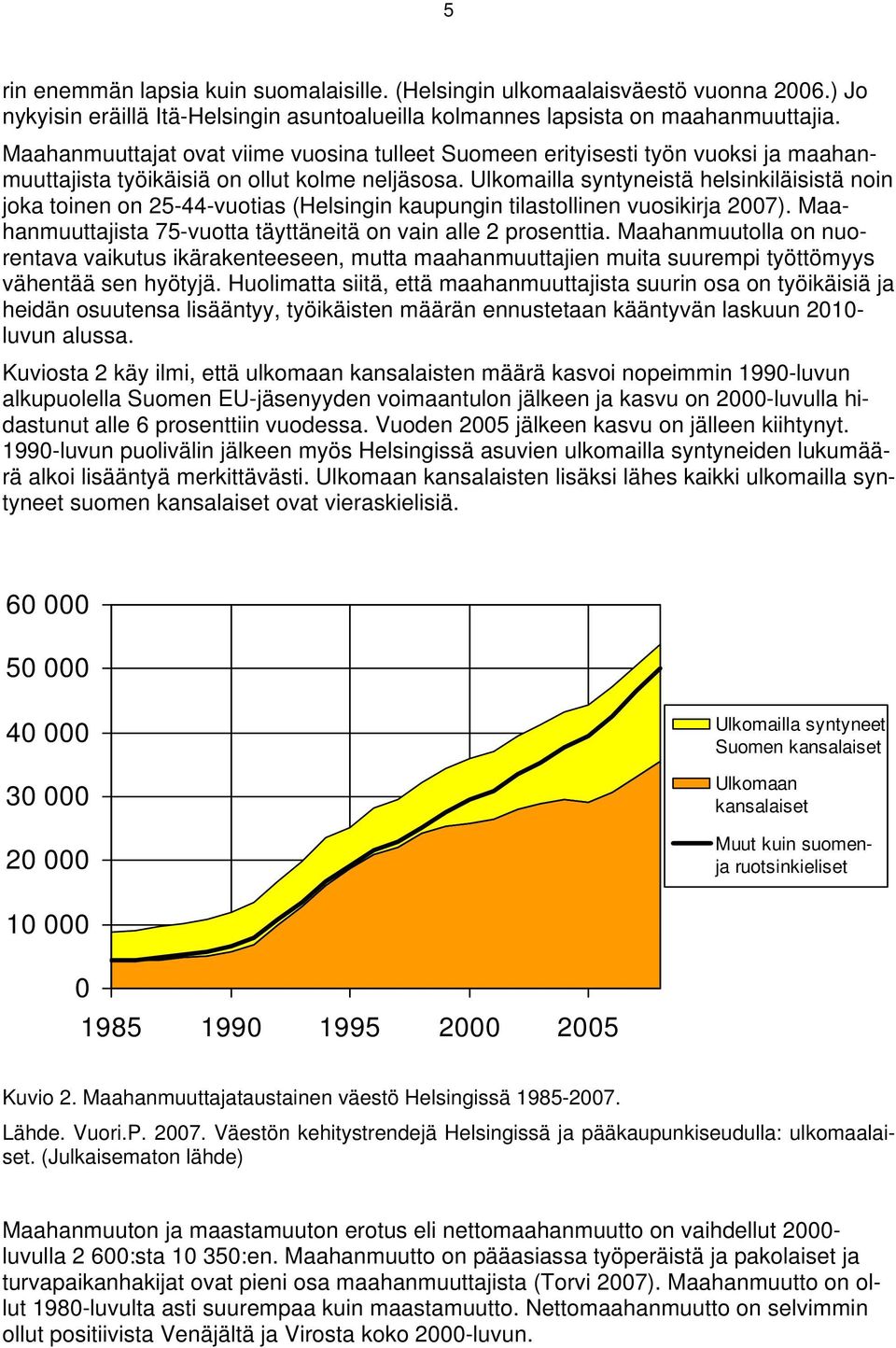 Ulkomailla syntyneistä helsinkiläisistä noin joka toinen on 25-44-vuotias (Helsingin kaupungin tilastollinen vuosikirja 2007). Maahanmuuttajista 75-vuotta täyttäneitä on vain alle 2 prosenttia.