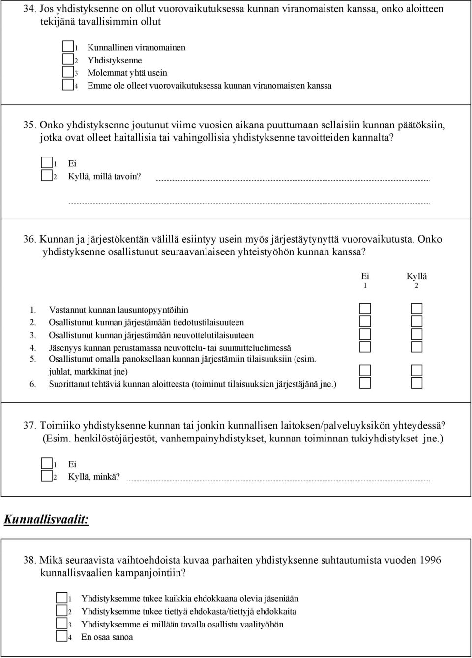 Onko yhdistyksenne joutunut viime vuosien aikana puuttumaan sellaisiin kunnan päätöksiin, jotka ovat olleet haitallisia tai vahingollisia yhdistyksenne tavoitteiden kannalta? 1 2, millä tavoin? 36.