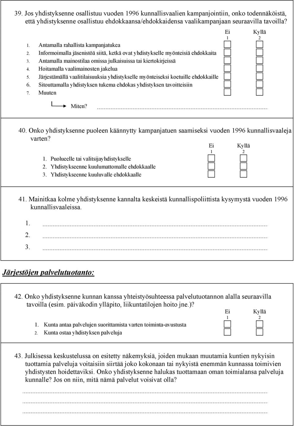 Järjestämällä vaalitilaisuuksia yhdistykselle myönteiseksi koetuille ehdokkaille 6. Sitouttamalla yhdistyksen tukema ehdokas yhdistyksen tavoitteisiin 7. Muuten Miten? 40.