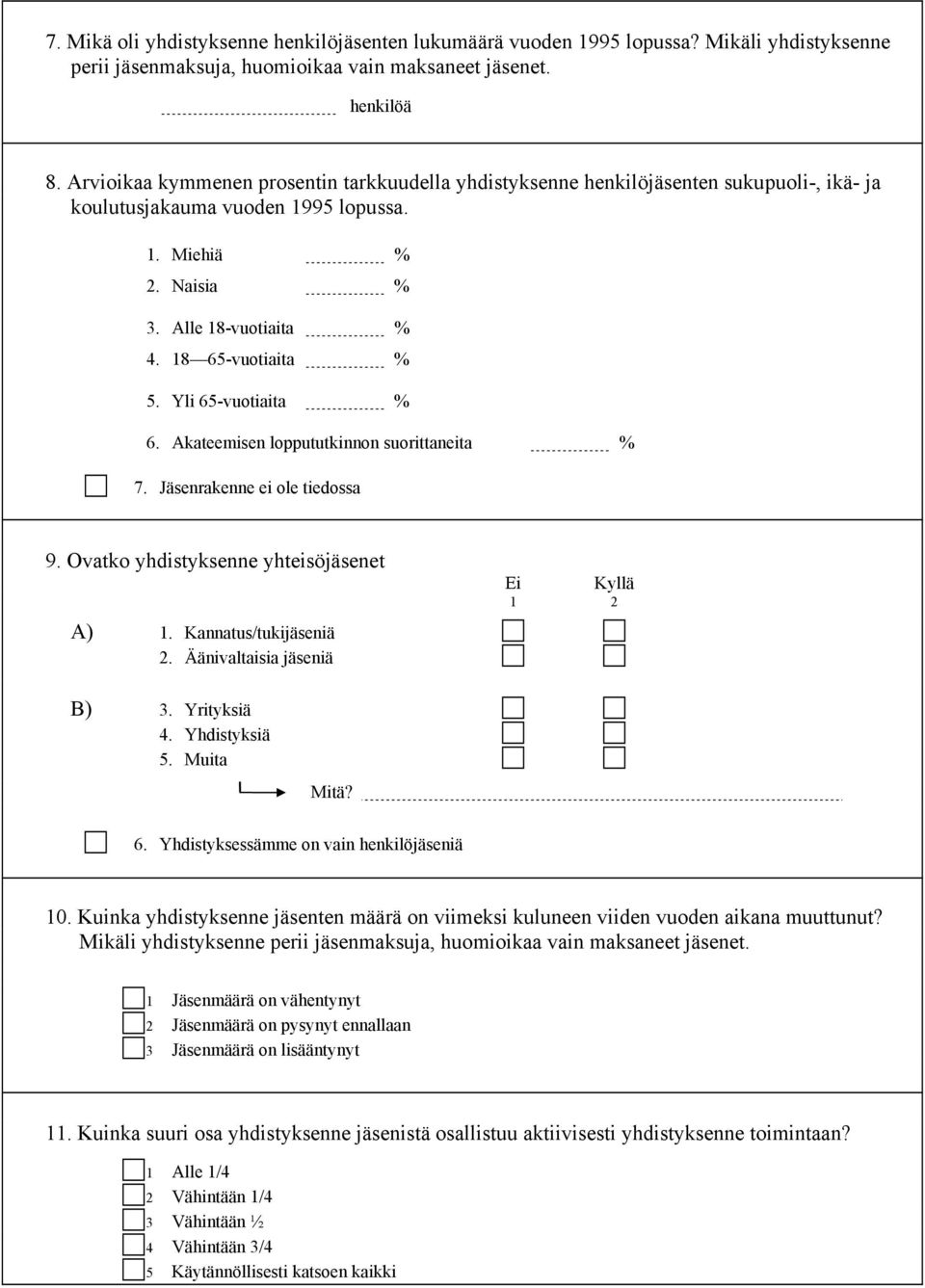 Yli 65-vuotiaita % 6. Akateemisen loppututkinnon suorittaneita % 7. Jäsenrakenne ei ole tiedossa 9. Ovatko yhdistyksenne yhteisöjäsenet A) 1. Kannatus/tukijäseniä 2. Äänivaltaisia jäseniä B) 3.