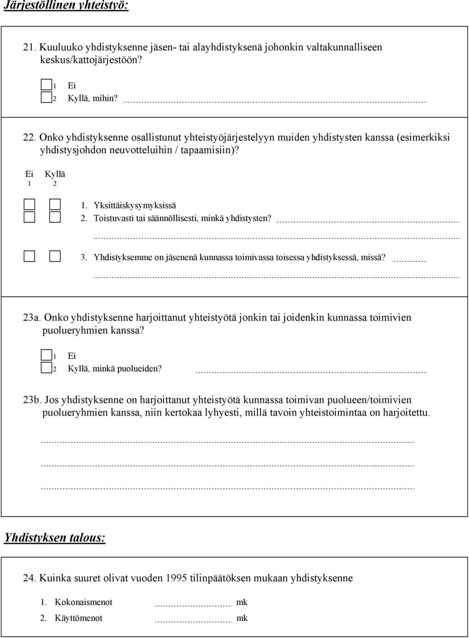 Toistuvasti tai säännöllisesti, minkä yhdistysten? 3. Yhdistyksemme on jäsenenä kunnassa toimivassa toisessa yhdistyksessä, missä? 23a.