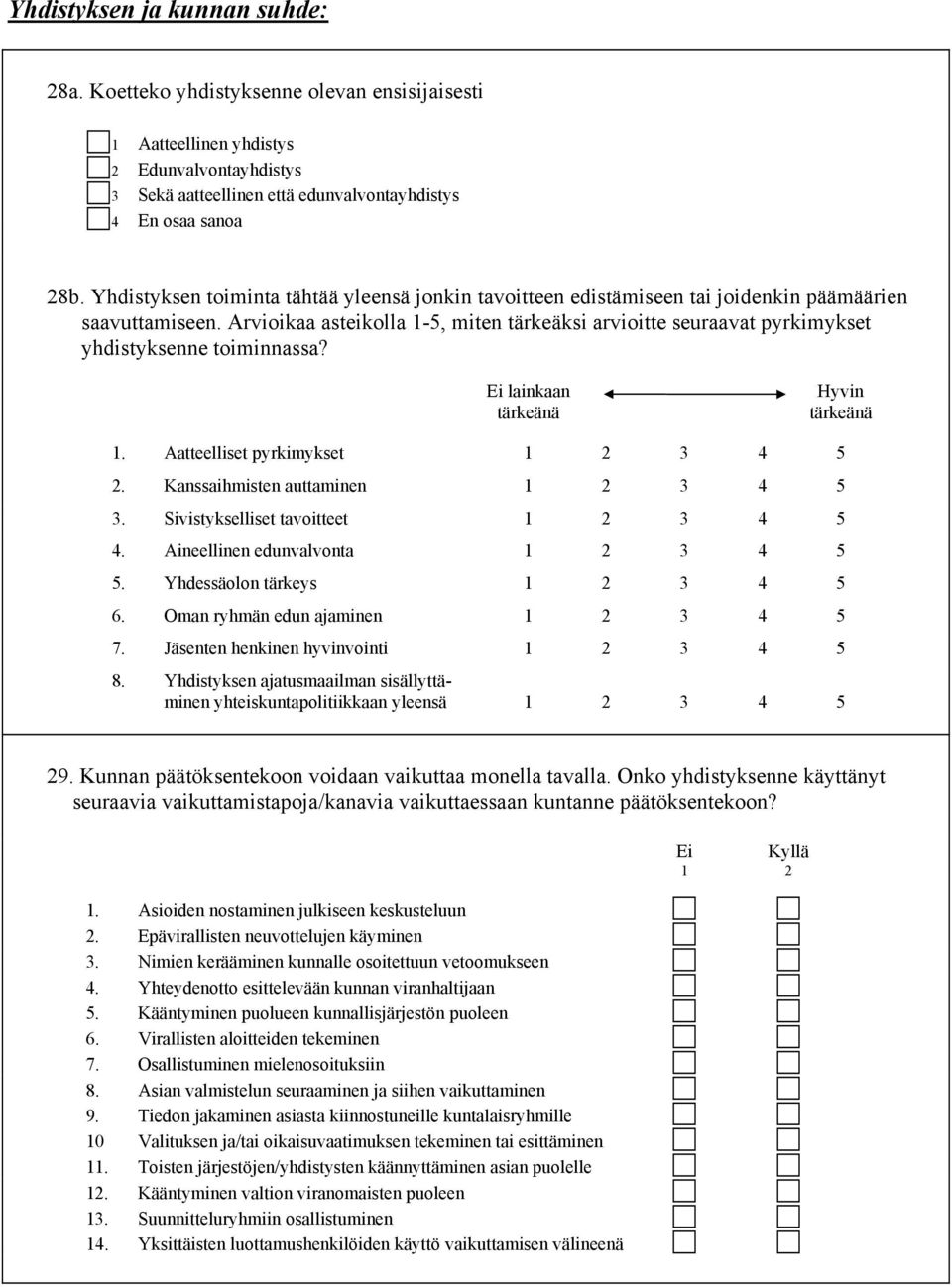 Arvioikaa asteikolla 1-5, miten tärkeäksi arvioitte seuraavat pyrkimykset yhdistyksenne toiminnassa? lainkaan tärkeänä Hyvin tärkeänä 1. Aatteelliset pyrkimykset 3 4 5 2.