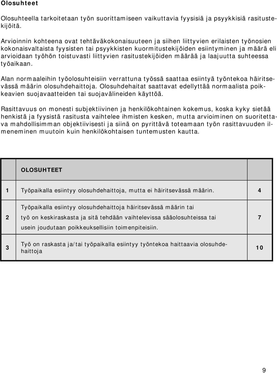 toistuvasti liittyvien rasitustekijöiden määrää ja laajuutta suhteessa työaikaan. Alan normaaleihin työolosuhteisiin verrattuna työssä saattaa esiintyä työntekoa häiritsevässä määrin olosuhdehaittoja.