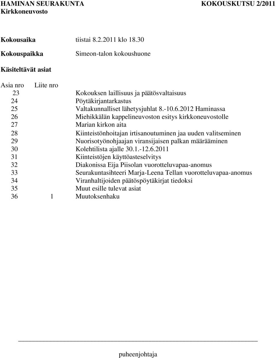 2012 Haminassa 26 Miehikkälän kappelineuvoston esitys kirkkoneuvostolle 27 Marian kirkon aita 28 Kiinteistönhoitajan irtisanoutuminen jaa uuden valitseminen 29 Nuorisotyönohjaajan viransijaisen