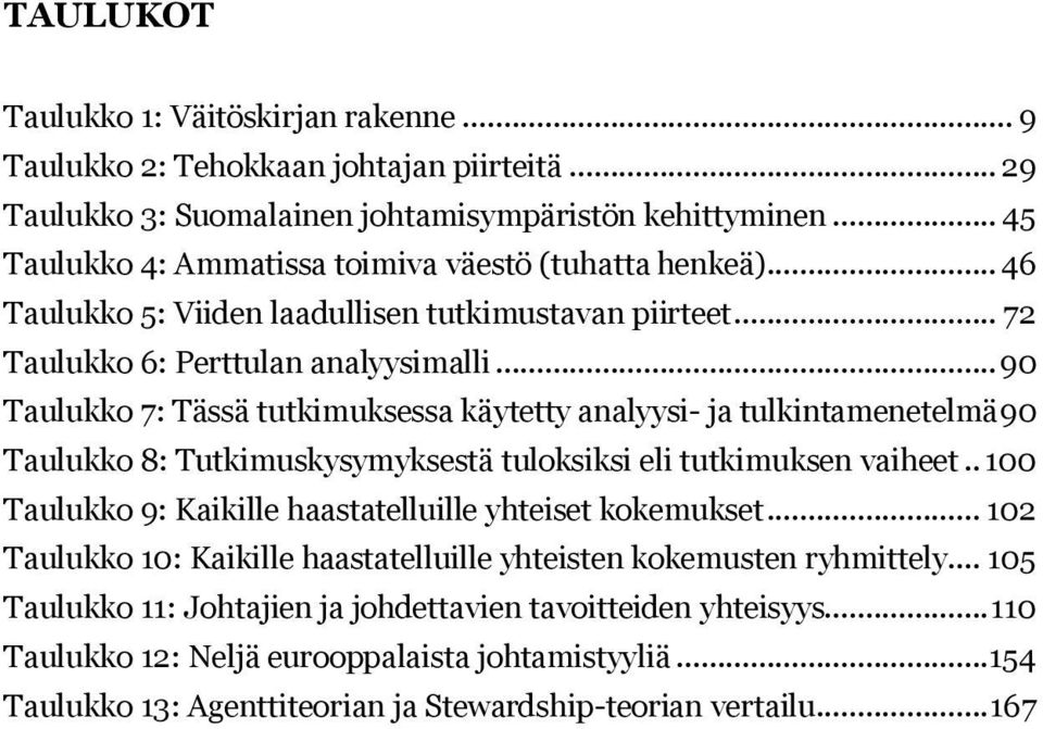 .. 90 Taulukko 7: Tässä tutkimuksessa käytetty analyysi- ja tulkintamenetelmä 90 Taulukko 8: Tutkimuskysymyksestä tuloksiksi eli tutkimuksen vaiheet.