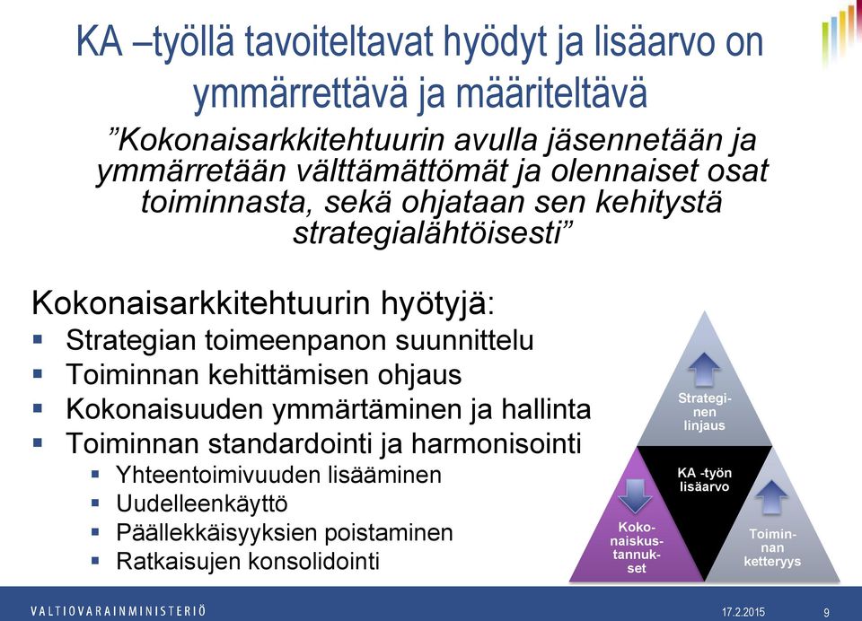 Toiminnan kehittämisen ohjaus Kokonaisuuden ymmärtäminen ja hallinta Toiminnan standardointi ja harmonisointi Yhteentoimivuuden lisääminen