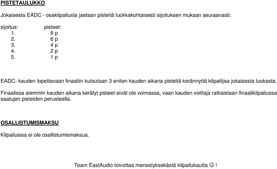 1 p EADC- kauden lopettavaan finaaliin kutsutaan 3 eniten kauden aikana pisteitä kerännyttä kilpailijaa jokaisesta luokasta.