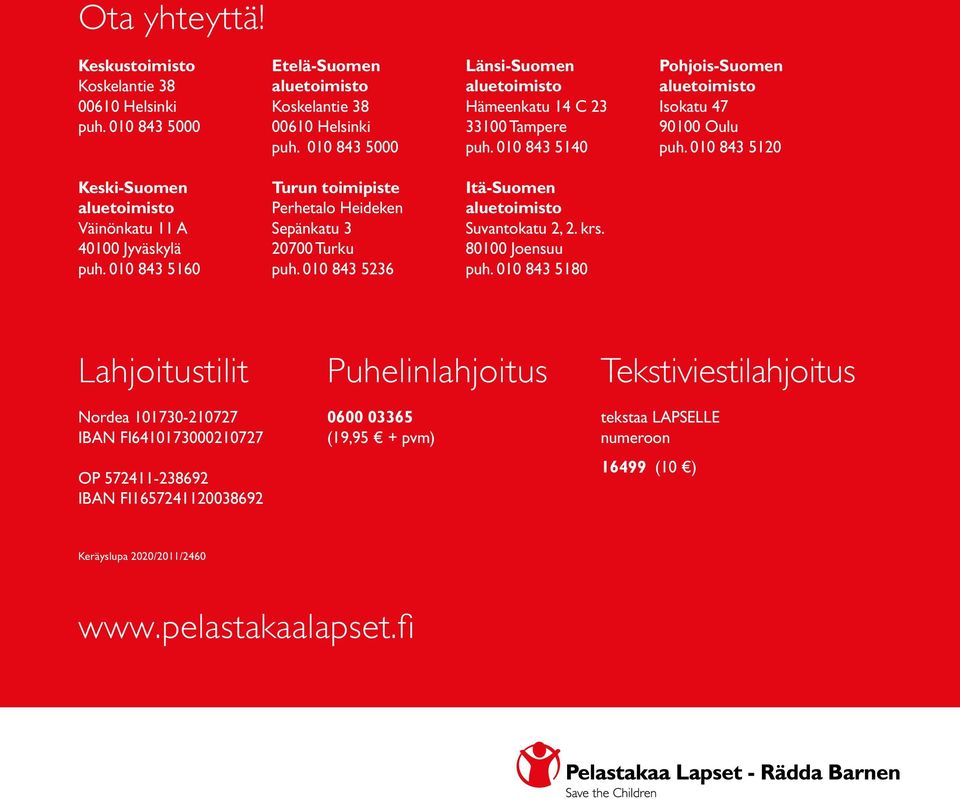 010 843 5120 Keski-Suomen aluetoimisto Väinönkatu 11 A 40100 Jyväskylä puh. 010 843 5160 Turun toimipiste Perhetalo Heideken Sepänkatu 3 20700 Turku puh.