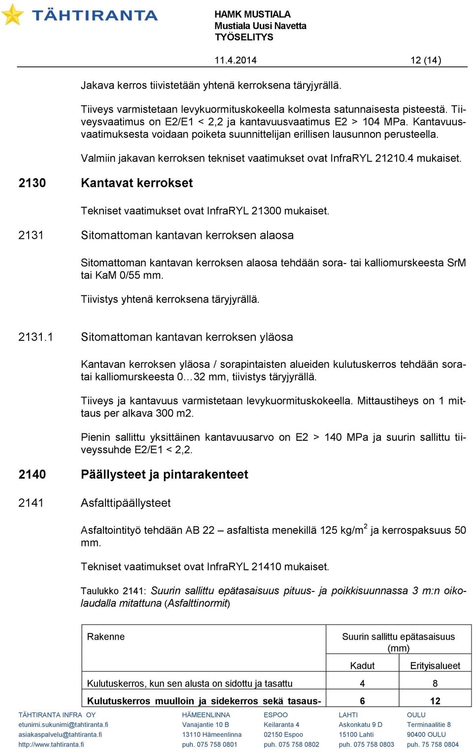 Valmiin jakavan kerroksen tekniset vaatimukset ovat InfraRYL 21210.4 mukaiset. 2130 Kantavat kerrokset Tekniset vaatimukset ovat InfraRYL 21300 mukaiset.