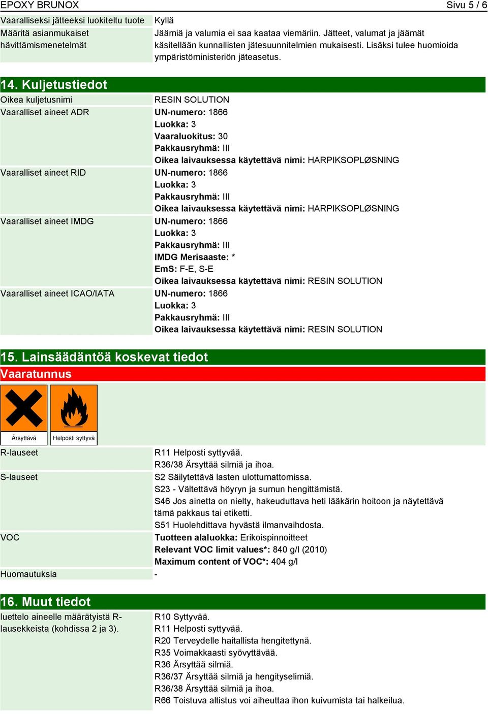 Kuljetustiedot Oikea kuljetusnimi RESIN SOLUTION Vaaralliset aineet ADR UN-numero: 1866 Vaaraluokitus: 30 Oikea laivauksessa käytettävä nimi: HARPIKSOPLØSNING Vaaralliset aineet RID UN-numero: 1866