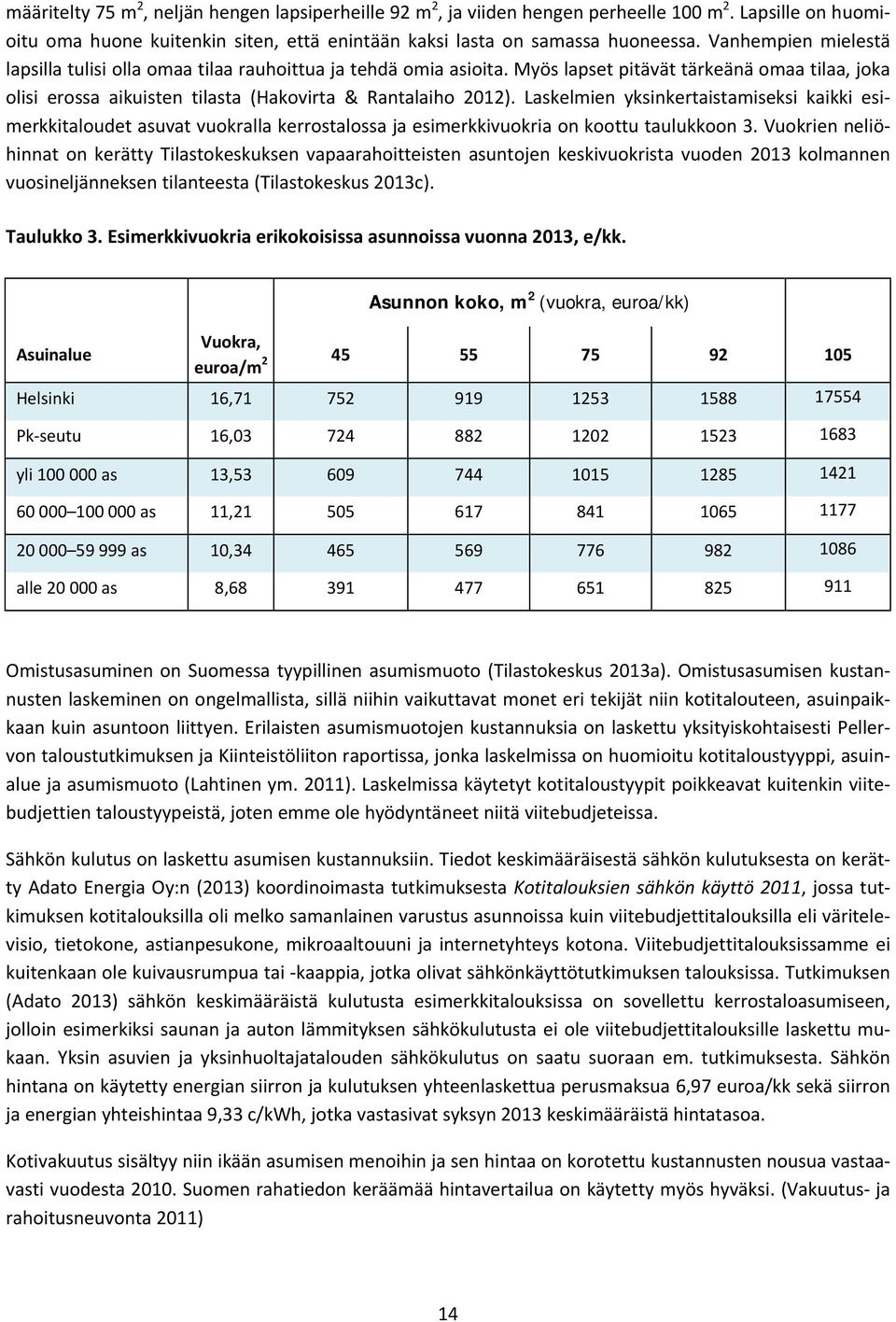 Laskelmien yksinkertaistamiseksi kaikki esimerkkitaloudet asuvat vuokralla kerrostalossa ja esimerkkivuokria on koottu taulukkoon 3.