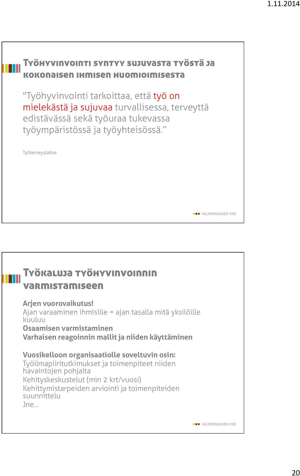 Ajan varaaminen ihmisille = ajan tasalla mitä yksilöille kuuluu Osaamisen varmistaminen Varhaisen reagoinnin mallit ja niiden käyttäminen Vuosikelloon organisaatiolle