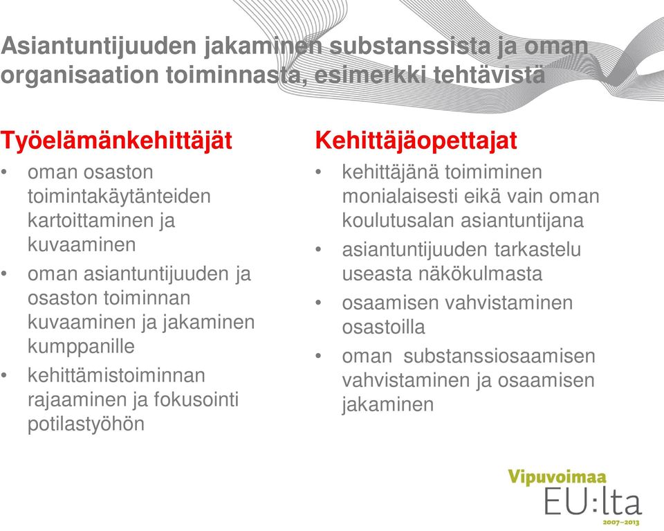 kehittämistoiminnan rajaaminen ja fokusointi potilastyöhön Kehittäjäopettajat kehittäjänä toimiminen monialaisesti eikä vain oman