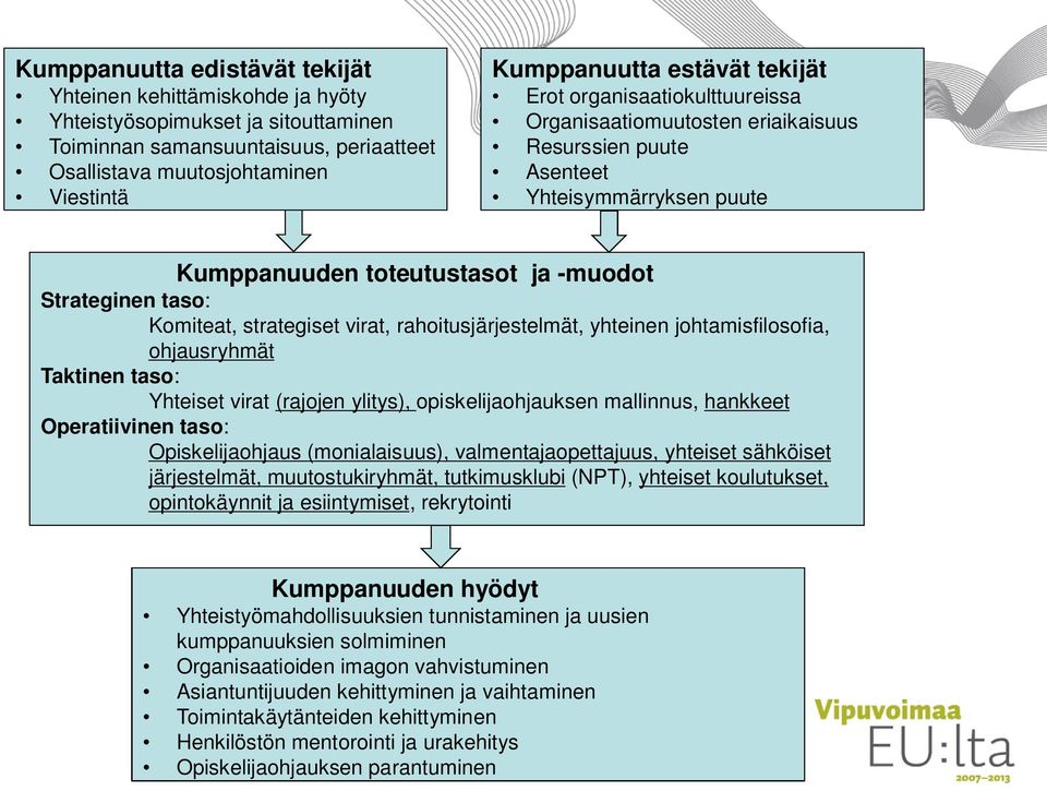 strategiset virat, rahoitusjärjestelmät, yhteinen johtamisfilosofia, ohjausryhmät Taktinen taso: Yhteiset virat (rajojen ylitys), opiskelijaohjauksen mallinnus, hankkeet Operatiivinen taso: